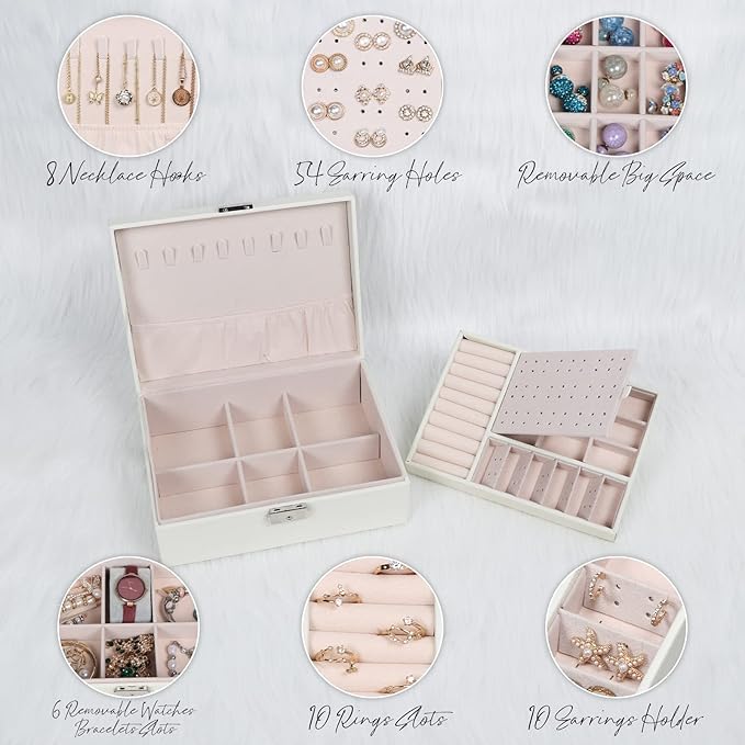 Jewelry Box for Women Girls, 2 Layers Jewelry Organizer Container with Lock, PU Leather Storage Case with Removable Tray, Jew