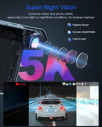 5K 3 Channel Dash Cam, 5G Wi-Fi Built-in GPS with 64GB Card, 4K+1080P+1080P Front and Rear Inside Triple Car Camera with 3'' 