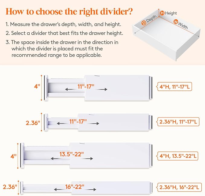 Lifewit 5 Pack 4" High Drawer Dividers 34-56cm/13.5-22" Adjustable Drawer Organizer for Clothes/Utensils, Expandable Drawer S