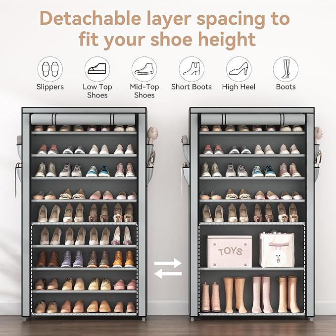 LANTEFUL Shoe Rack with Covers 10 Tier Tall Shoe Rack Organizer Large Capacity Shoe Shelf Storage 40 Pairs Space Saving Free 