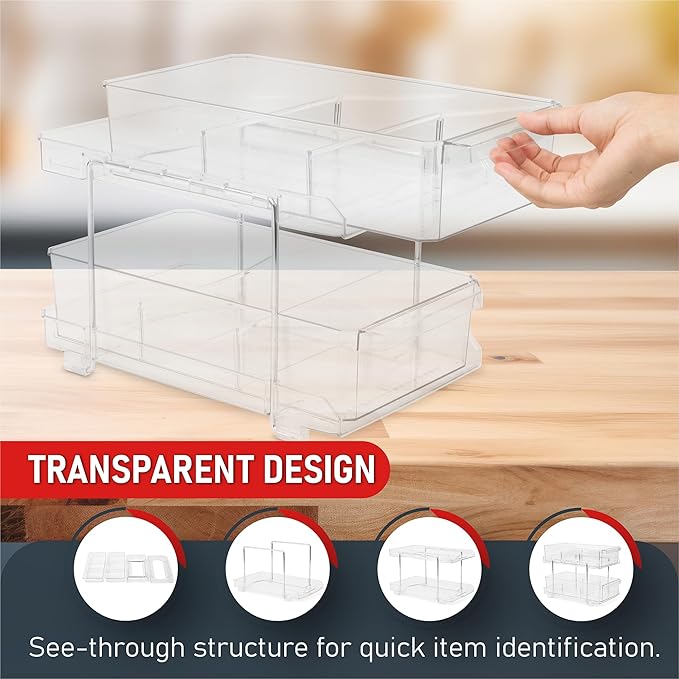 Masirs 2-Tier Clear Pull-Out Drawer Organizer - Sleek, Compact & Sturdy Makeup and Closet Organizer - Easy Assembly Kitchen S