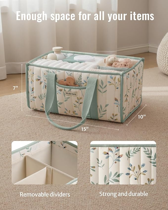 Blissful Diary Leaf Diaper Caddy Organizer, Stylish Nursery Storage Basket, Gift for Baby Shower, Newborn Essentials, Sage Le