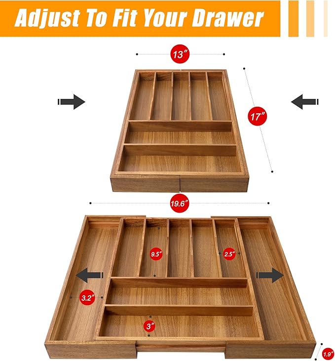 Bellsal Large Premium Acacia Wood Silverware Organizer - Expandable Utensil Drawer Organizer - 17"x19.6" Utensil Holder and C