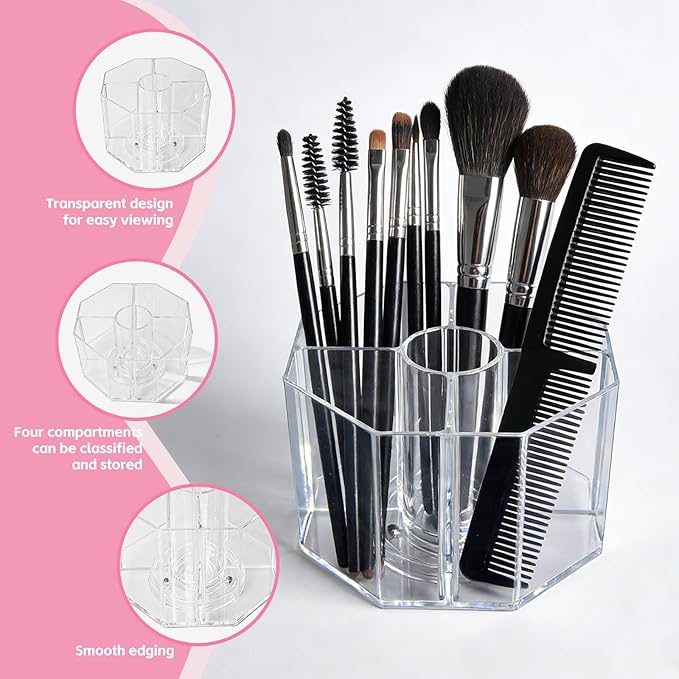 Acrylic Makeup Brush Holder, 360°Rotating Makeup Brush Organizer with 5 Grids, Clear Makeup Holder for Courtup, Bathroom Vani