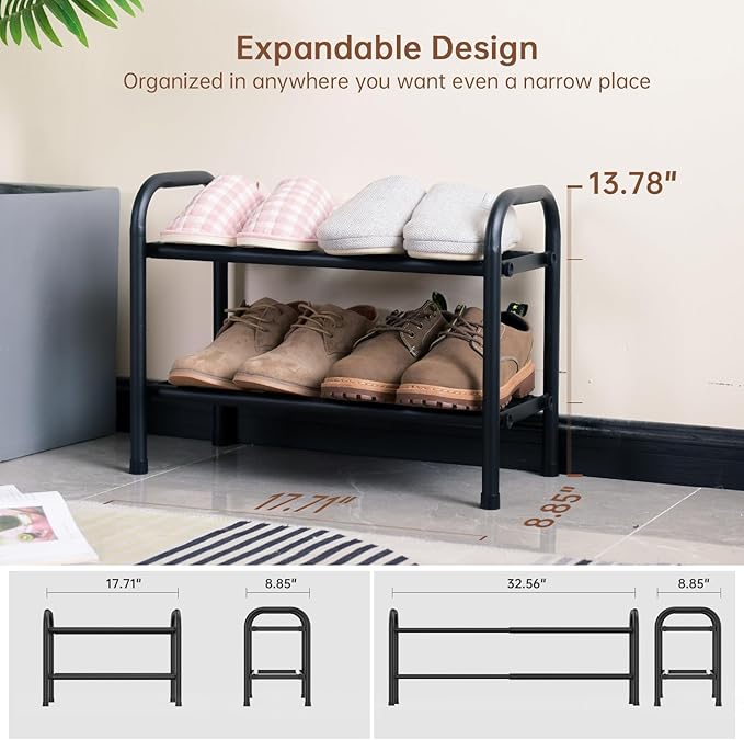 Gonfoam 2-Tier Expandable Shoe Rack,Adjustable Shoe Shelf Storage Organizer Heavy Duty Metal Free Standing Shoe Rack for Entr