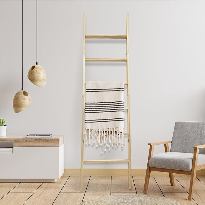 6-Tier Blanket Ladder – 5.5 Ft Wall Leaning Quilt Rack, Farmhouse Blanket Storage for Living Room, Bedroom & Bathroom – Rusti