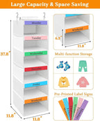 punemi Weekly Clothes Organizer for Kids, 6-Shelf Hanging Closet Storage with Side Pockets, Days of The Week Design, 11.8" x 
