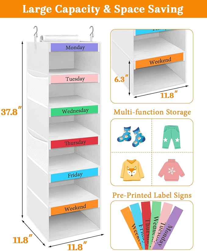 punemi Weekly Clothes Organizer for Kids, 6-Shelf Hanging Closet Storage with Side Pockets, Days of The Week Design, 11.8" x 