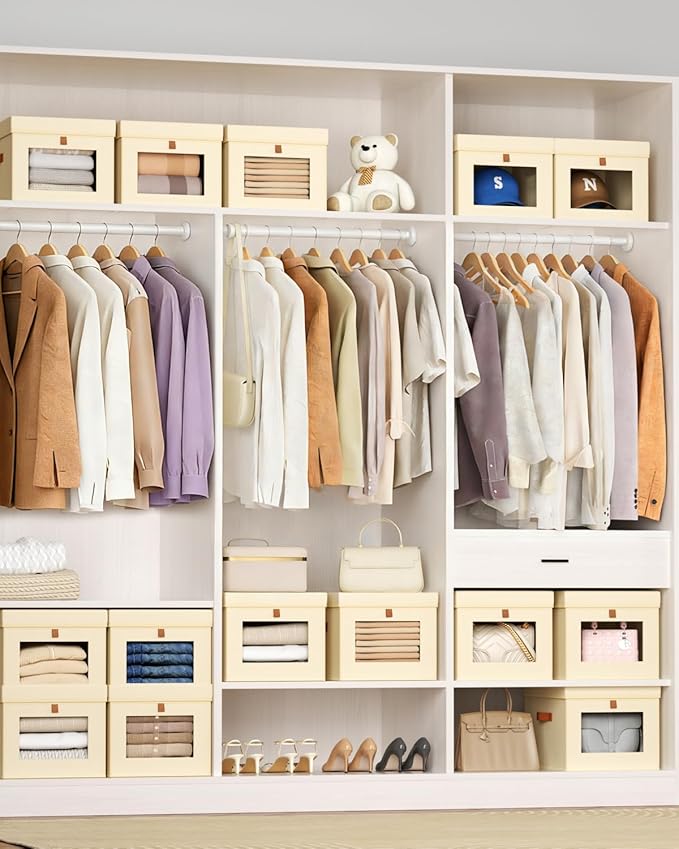 Homsorout Storage Bins with Lid – Closet Organizer with Side Opening and Clear Window, Foldable Stackable Fabric Basket for C