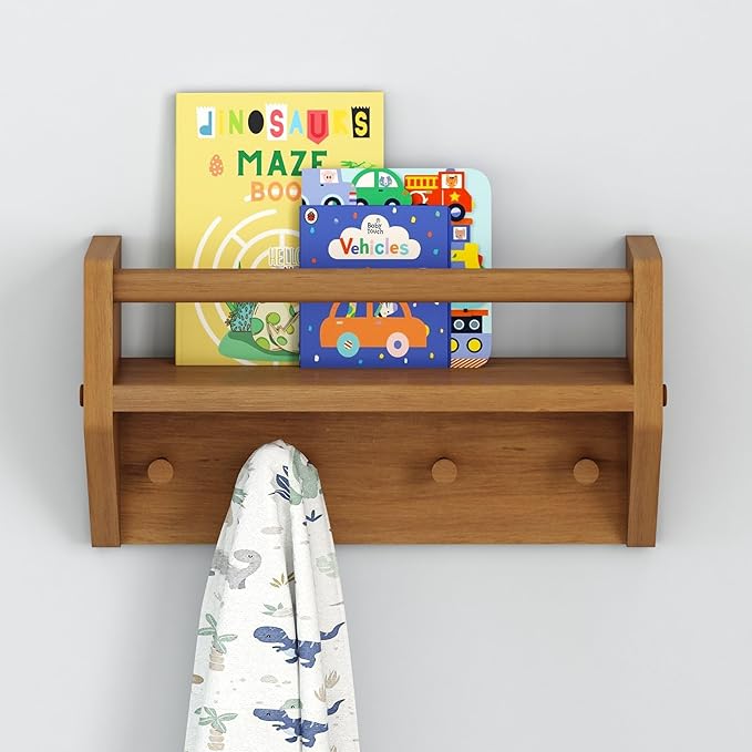 Max & Lily Wall Shelf with Pegs, 16 Inch Floating Bookshelf for Kids Room, Solid Wood Wall-Mounted Storage Shelf with Hooks f