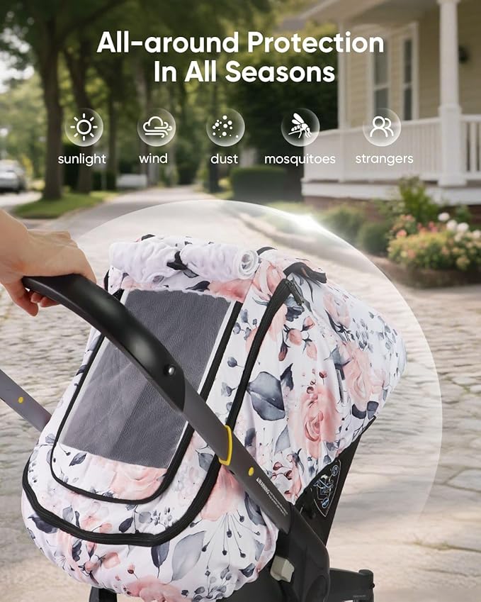 Car Seat Cover Baby Girls, Infant Car Seat Canopy Outdoor, 2 Layers with Mesh and Sun Shade Window for Summer Winter, Easy Ac