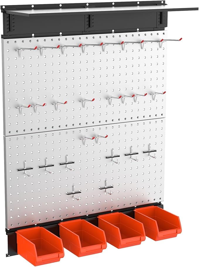 TORACK Metal Pegboard with Accessoreis for Garage Wall, Tool Organizer Pegboard with Hooks, Wall Mounted Bins/Shelf, Tool Sto