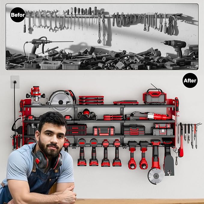 12 Cordless Drill Holder Large Power Tool Organizer Wall Mount with Side Pegboard & Screwdriver Holder, 4-Tier Heavy Duty Met