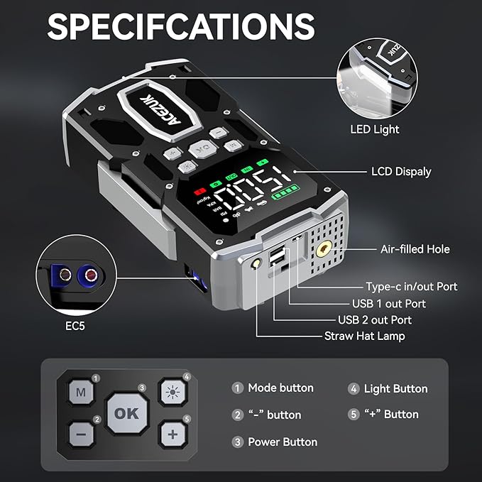 Portable Car Jump Starter with Air Compressor, ACEZUK 150PSI 8000A Jump Starter (All Gas/10.0L Diesel), 12V Battery Jump Box