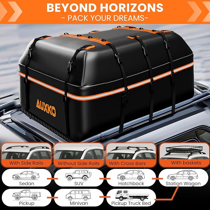 AUXKO 22 Cubic Ft Waterproof Rooftop Cargo Carrier Bag for All Vehicles with/Without Roof Rack, Soft Shell Car Roof Bag with Reflective Strip Includes Anti-Slip Mat, 6 Door Hooks & Combination Lock