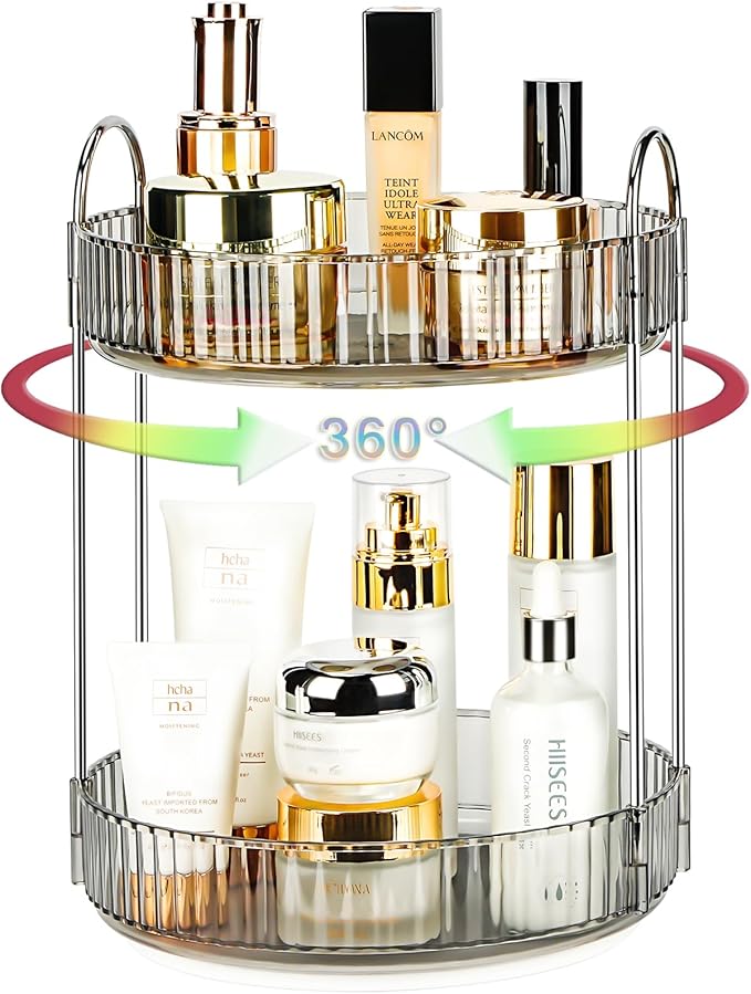 360 Rotating Makeup Organizer, 2 Tier Lazy Susan Bathroom Counter Organizer, Skincare Organizers, Spinning Perfume Organizer 