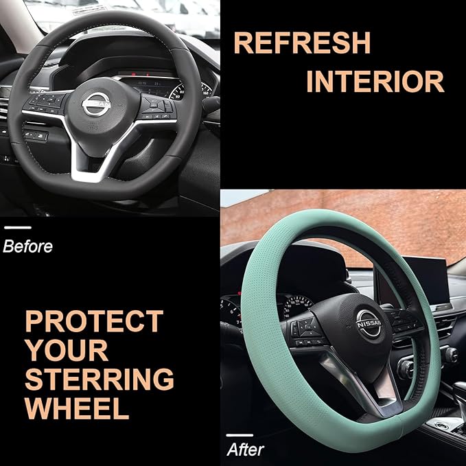 PINCTROT D Shaped Nappa Leather Steering Wheel Cover, Slim Fit No Bulk Design, One Piece Leather with Breathable Perforation,