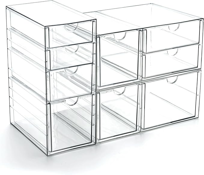 Prsildan Acrylic Drawer Makeup Organizer with 9 Drawers, Set of 3 Office Desk Organizers Accessories, Clear Stackable Storage