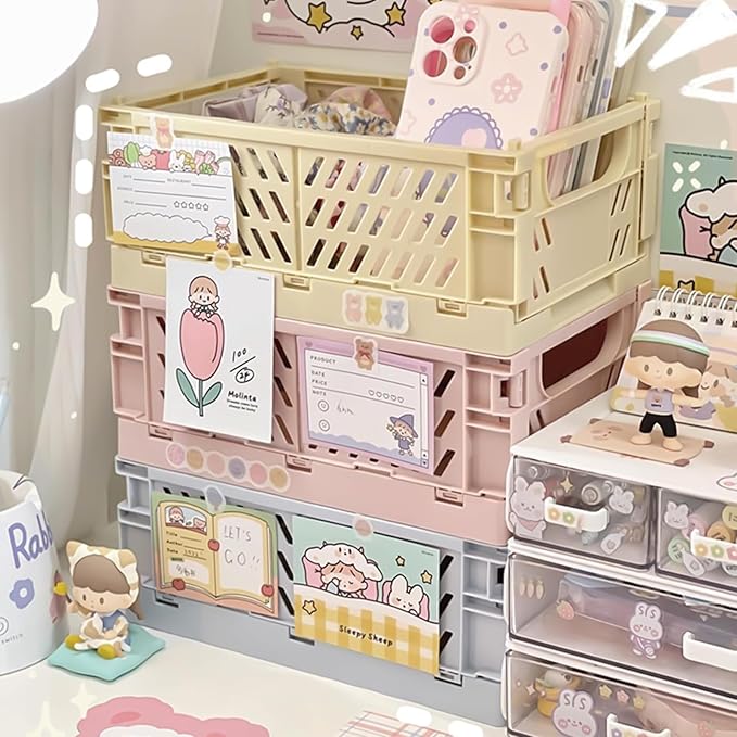 Small Pastel Plastic Storage Bins 2Pcs Foldable Pastel Crates Plastic Basket Colorful Storage Containers Baskets for Classroo