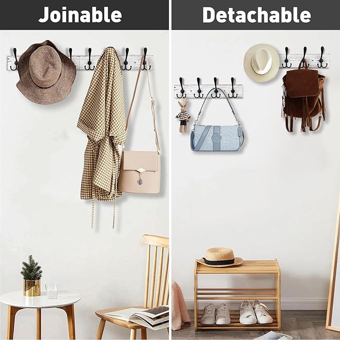 Kuhome 32.2'' Large Coat Rack Wall Mount Coat Hooks with 8 Metal Black Triple-Hooks Old White Pine Real Wood Plank Hat Rack f