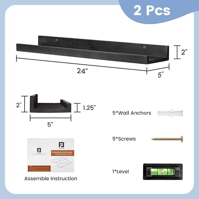 Picture Ledge Shelf for Wall, 24 inch Solid Pine Wood Nursery Book Shelves 2 Packs, Floating Ledge Shelves for Kids' Room Bed