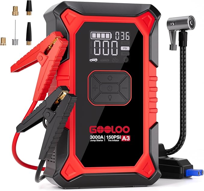 GOOLOO A3 Jump Starter with Air Compressor, 3000A Portable Car Battery Booster (9.0 Gas/6.5L Diesel) with 150PSI