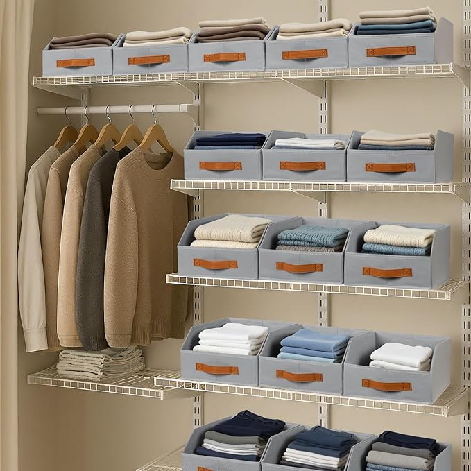 Homsorout Fabric Storage Bins for Organizing - 12 Pack Large Trapezoid Collapsible Storage Bins with Front Handle, Closet Org