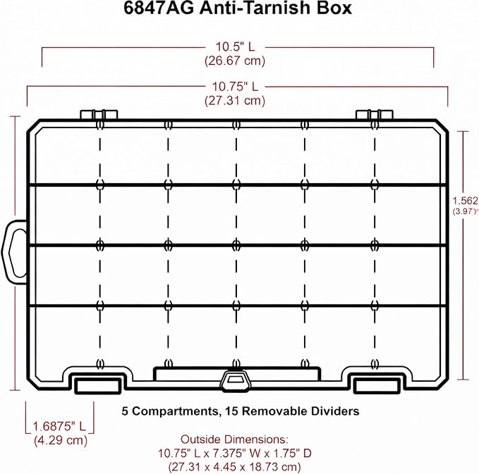 ArtBin 6944AG Medium Anti-Tarnish Box with 15 Removable Dividers, Jewelry & Craft Organizer, 1 Plastic Storage Case with Anti