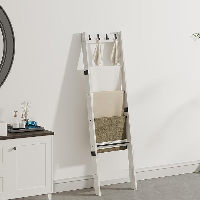 TRIFEBLE 6 Tier Blanket Ladder Shelf for Living Room and Bedroom, Ladder Holder with 4 Metal Hooks, 5.2ft Blanket Quilt Holde