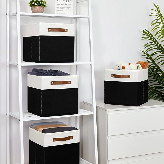Temary 11 inch Cube Storage Bin 4 Pack Fabric Storage Cubes for Home, Fabric Storage Bin Storage Cube Bins with Leather Handl