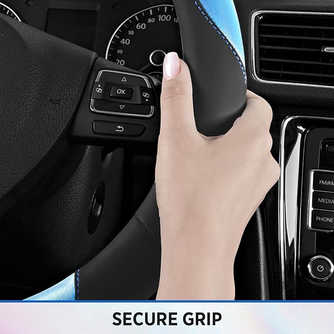Road Comforts Steering Wheel Cover – Breathable Leather Steering Wheel Cover, Anti-Slip Grip, Universal Fit 14.5” to 15”, Hea