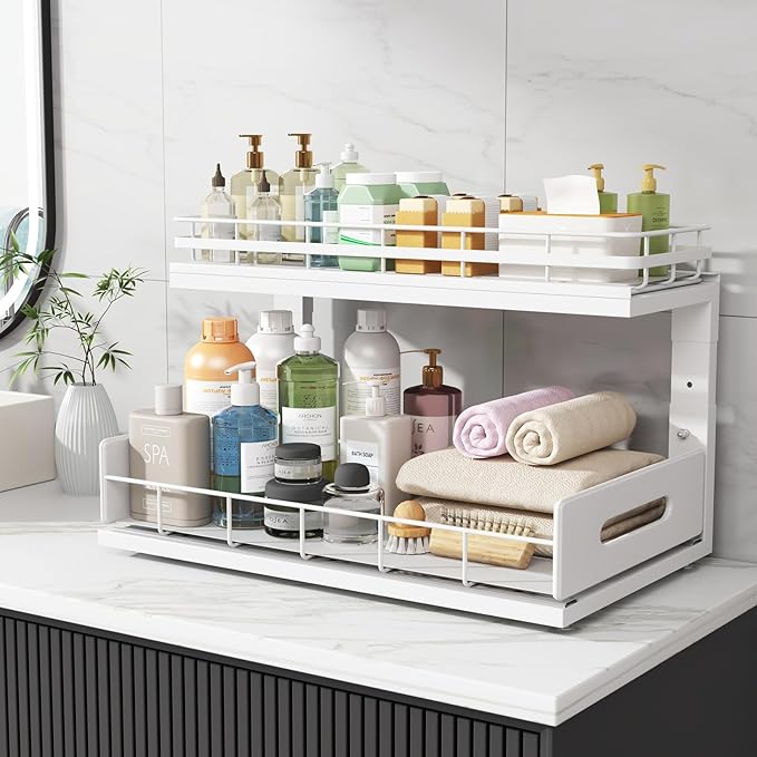 Under Sink Organizer Upgrade To Professional Rails,2-Tier Dual Pull Out Cabinet Storage,Height Adjustable Slide Out Drawers F