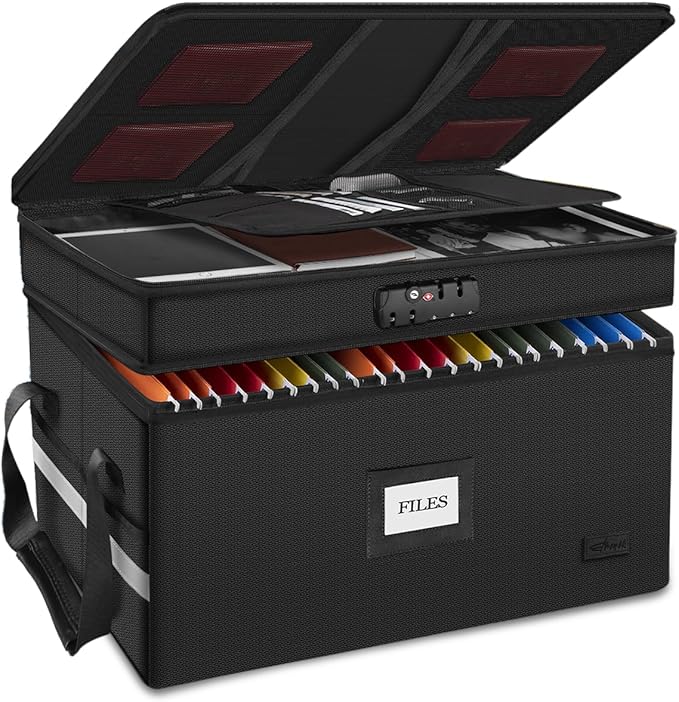 ETRONIK Large Fireproof Document Box with Lock, 2 Layer File Organizer, Portable Office Collapsible File Storage with Reflect