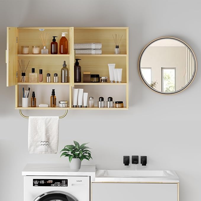 Bathroom Wall Cabinet Wood Large Wall Mounted Medicine Cabinet with 2 Doors and 4 Open Shelves Over Toilet Storage Cabinet Or