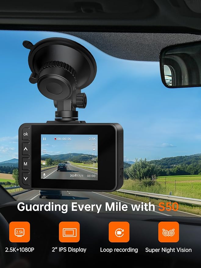 Dash Cam Front and Rear, 2.5K+1080P Dual Dash Camera for Cars, 2’’ Display Mini Car Camera, G-Sensor Dashcam, Night Vision, 2