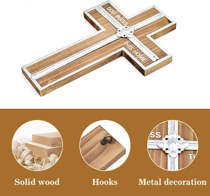 Wall Cross Retro Catholic Wooden Hanging Crosses Baptism with Metal Spiritual Religious Cross with Hook Silver Edge Blessed L