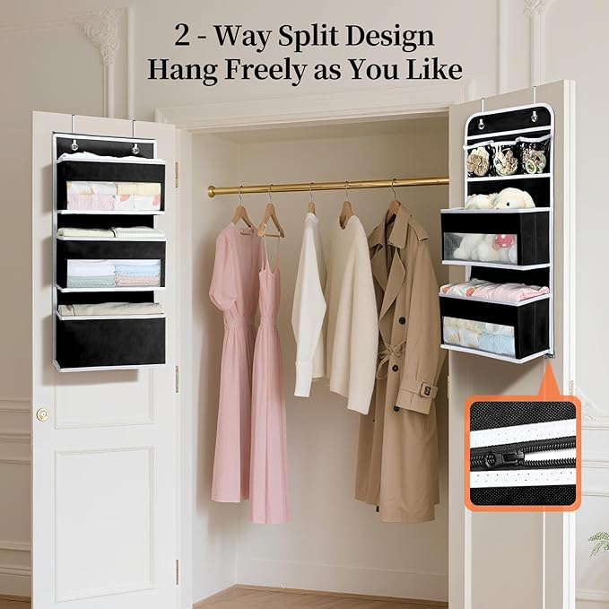 LAMU 6-Tier Over The Door Organizer, Swing - Proof Closet Door Organizer, Flexible 1 Split into 2 Over The Door Storage Organ