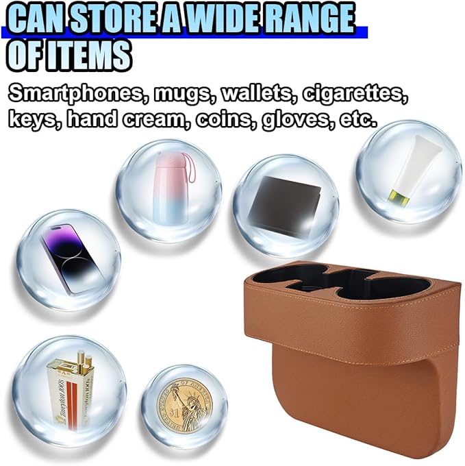 Car Cup Holder, PU Leather Auto Front Console Gap Filler Organizer, Multifunctional Cup Drink Holder, Car Seat Gap Filler Storage Box, Coin Bucket, Cell Mobile Phone Holder (Brown)