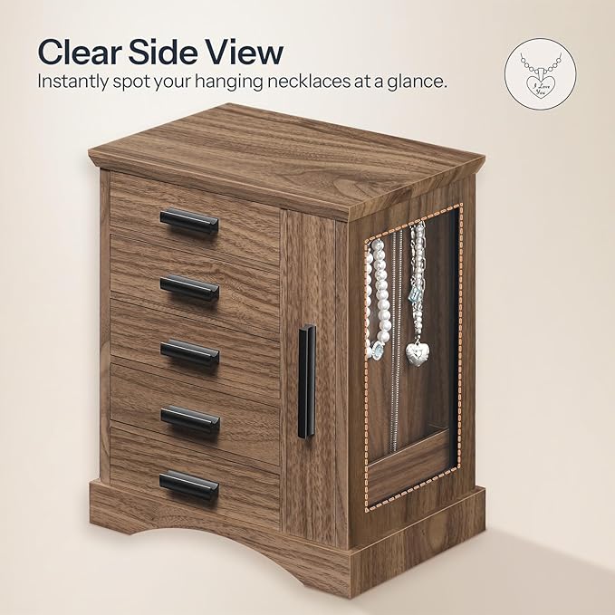 HOOBRO Jewelry Box for Women, Jewelry Organizer with Arc-Shaped Bottom, Wooden Jewelry Box, Side Transparent Window, Vertical