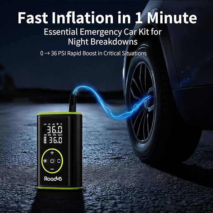 Roadvo Portable Tire Inflator Air Compressor, 150PSI Cordless Tire Pump & Bicycle Pump with 10000mAh Battery, 24L/Min Fast Inflation, Auto Shut-Off, Digital Gauge, LED Light for Car, Bike, Motorcycle