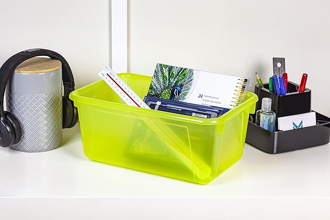Storex Small Cubby Bins – Plastic Storage Containers for Classroom with Non-Snap Lid, 12.2 x 7.8 x 5.1 inches, Tint Yellow, 5