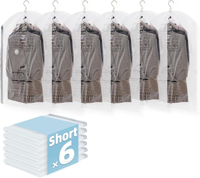 Hanging Vacuum Storage Bags, 6 Pack (41.3 x27.6 inch), Vacuum Seal Bags for Clothing, Garment Bags for Short Clothses, Jacket