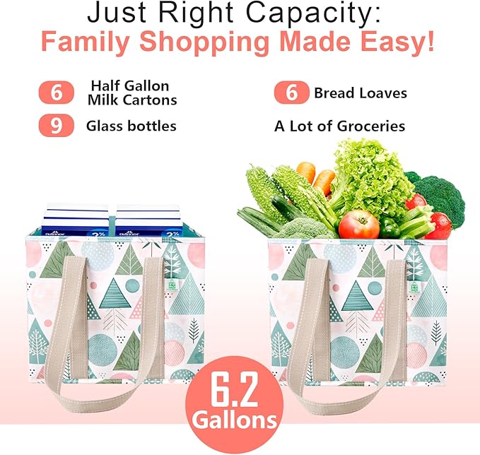 VENO 3 Pack Reusable Grocery Bags, Shopping Bags for Groceries, Tote with Handles and Hard Bottom, Foldable Shopping Cart Organizer, Water Resistant, Heavy-Duty (Pastel Forest, 6 Gallon)