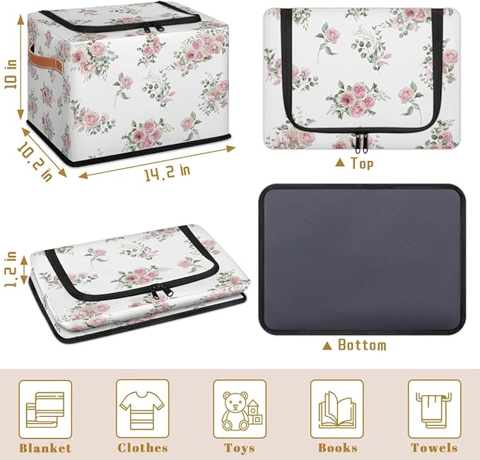 Pink Floral Flower Storage Baskets - Home Decorative Bins Collapsible Cubes with Zipper Lid, Rose Box with Handles for Living