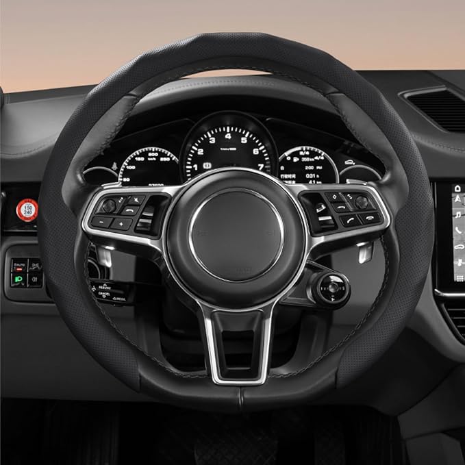 Universal 15 Inch Premium Nappa Leather Steering Wheel Cover - Non-Slip, Soft Comfortable Grip, Easy Install for Most Cars (Black)