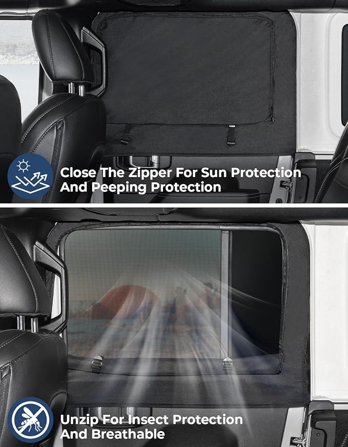 JOYTUTUS Rear Wrangler Side Window Sun Shade Camping Window Insect Screen Compatible with 2007-2026 Wrangler JK JL 4 Doors Gladiator JT, Car Window Covers for Privacy Blackout 2 Pcs