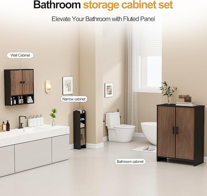 Bathroom Wall Cabinet,Wooden Medicine Cabinet with Fluted Doors Over The Toilet Storage Cabinet with Adjustable Shelf for Bat
