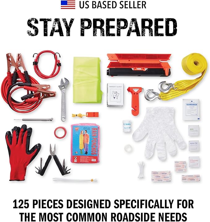 Always Prepared Premium Roadside Emergency Kit for Car - Car Safety Kit, Tools, First Aid, Visibility Gear & More - Perfect R