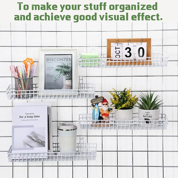 Blulu 4 Pcs 15.75 x 5.91 x 1.97 Inch Metal Grid Wall Baskets with Hooks Grid Wall Shelves Hanging Wire Basket Multi Function 
