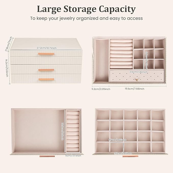 Dajasan Jewelry Box Organizer, 3-Tier Jewelry Storage Organizer with 2 Drawers, Large Jewelry Boxes for Women, PU Leather Sur